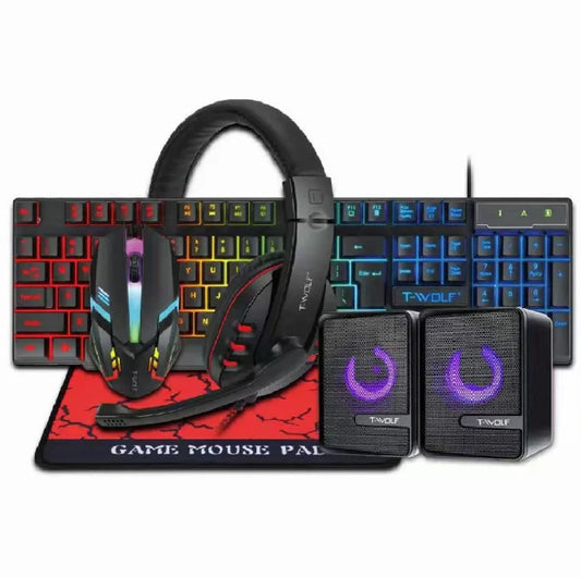Kit Gaming 5en1 – Teclado + Mouse+Alfombrilla + Auriculares + Parlante RGB