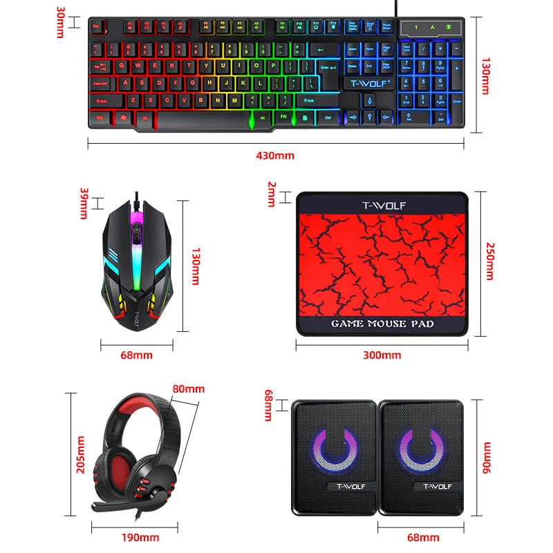 Kit Gaming 5en1 – Teclado + Mouse+Alfombrilla + Auriculares + Parlante RGB