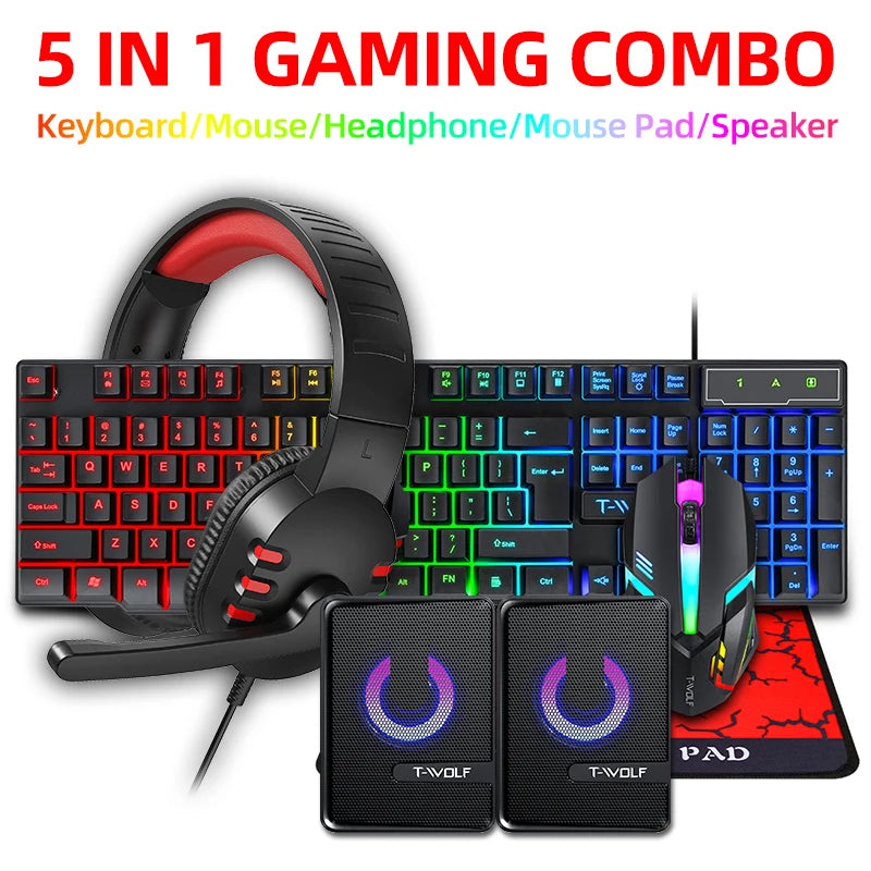 Kit Gaming 5en1 – Teclado + Mouse+Alfombrilla + Auriculares + Parlante RGB